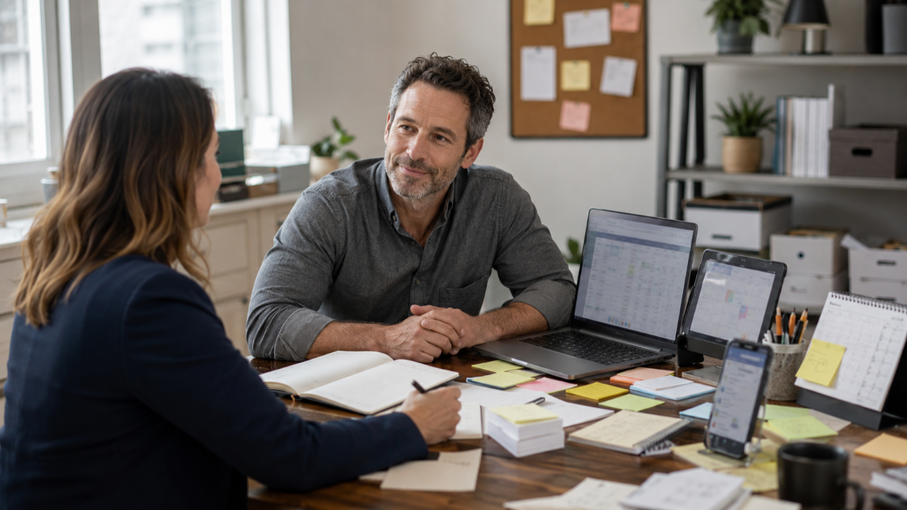 Prospect discussing business needs beside a desk filled with improvised tools and workarounds.