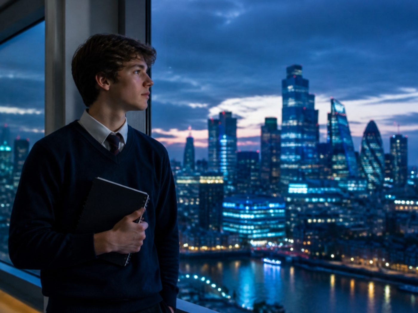 Student looking out over a financial district at dusk