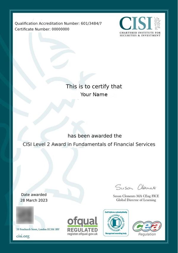 Example CISI Level 2 Award certificate