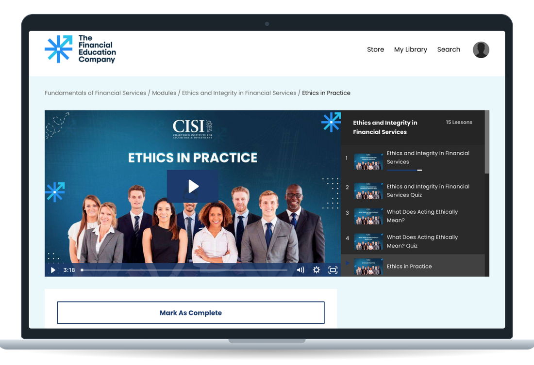 The Fundamentals of Financial Services course open on a MacBook, showing a video lesson and the lesson list