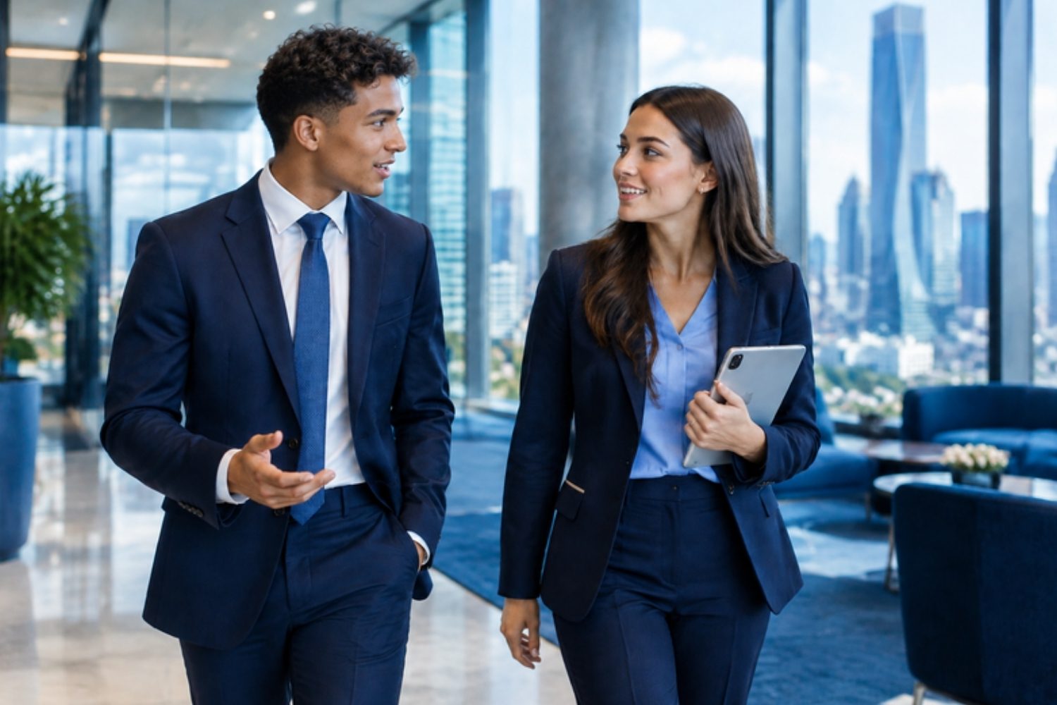 Two young professionals in suits walking and talking in a modern finance office