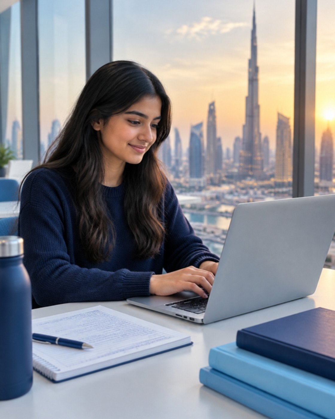 Student studying finance on a laptop with a city skyline behind