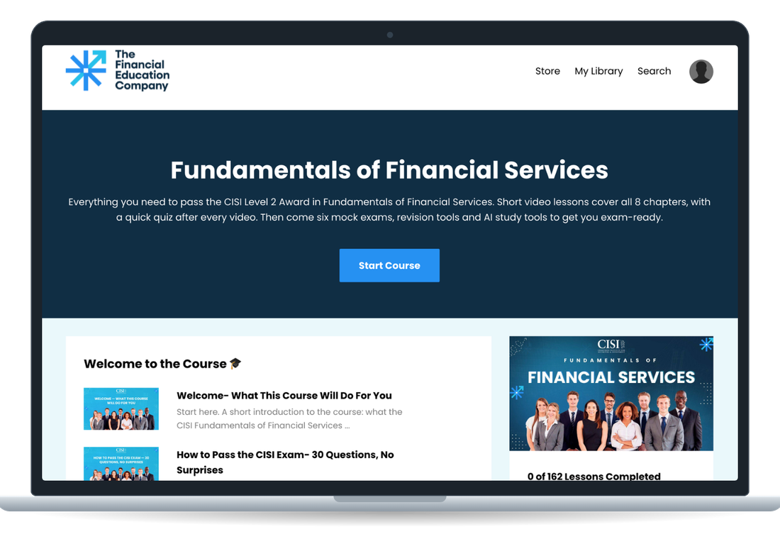The Fundamentals of Financial Services course page open on a MacBook