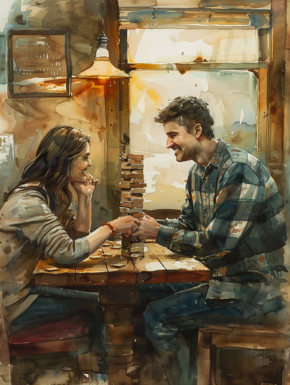 A couple communicating while playing jenga and having fun together
