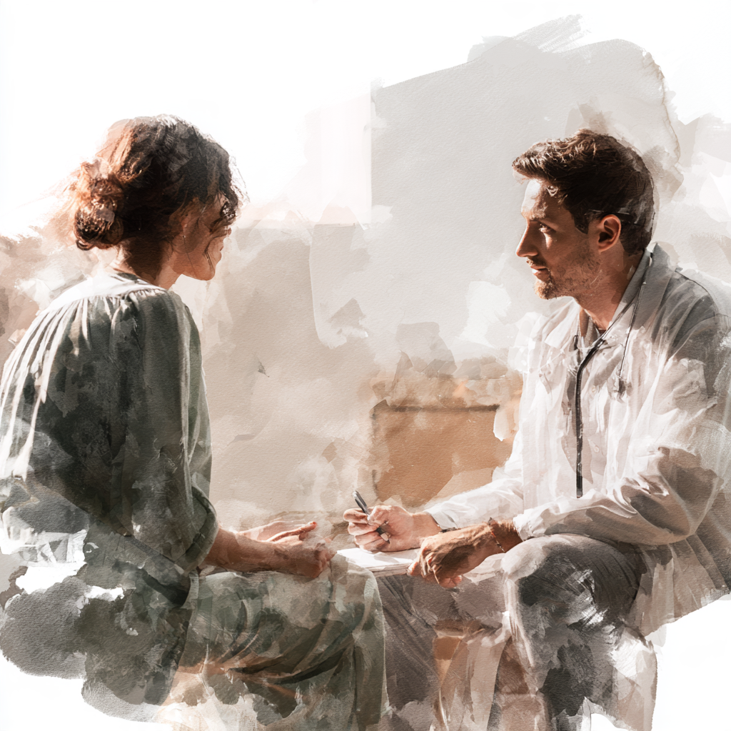 Watercolor of a doctor and patient in an exam room