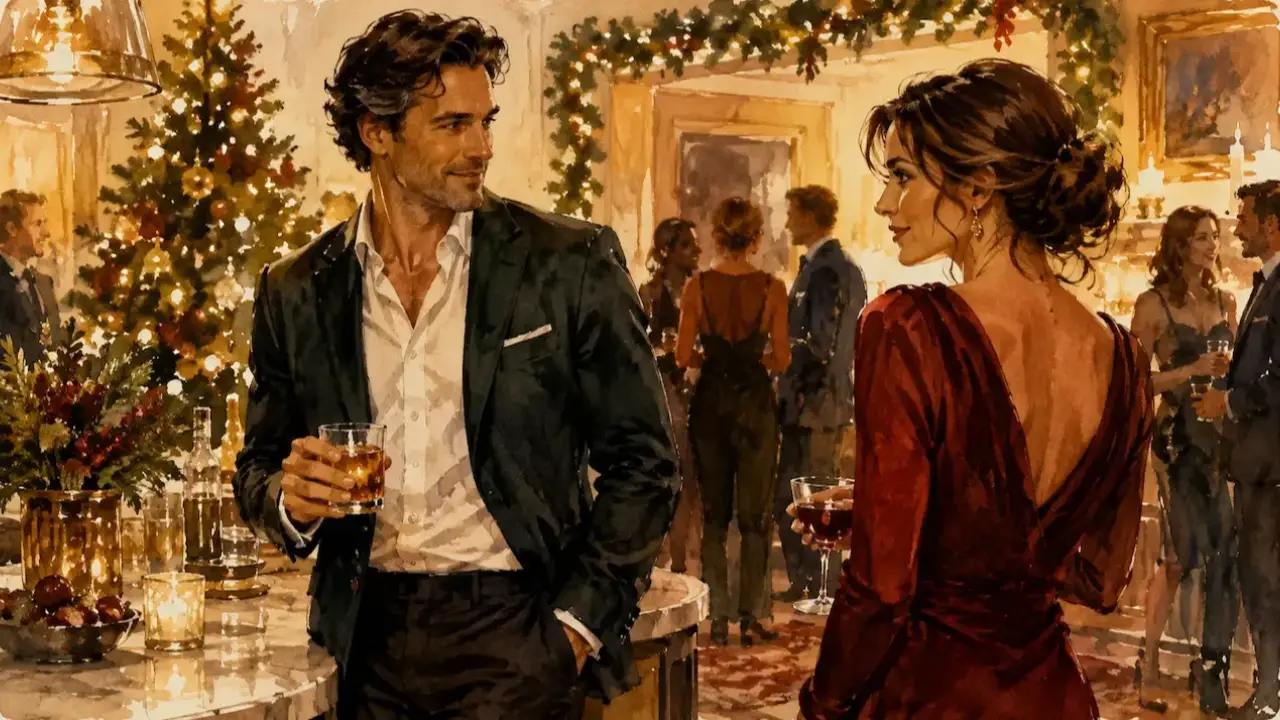 a couple flirting at a chrismas party