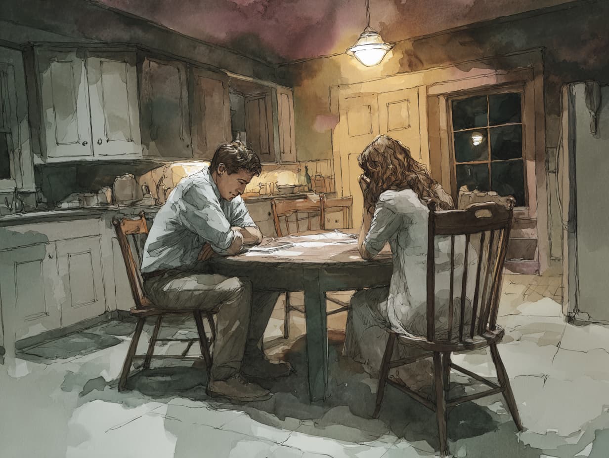 A soft watercolor of two people at a kitchen table, one looking down, one looking away, quiet tension, warm muted tones, evening light