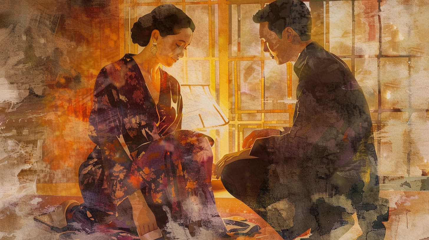 soft watercolor of an awkward couple not looking at eachother