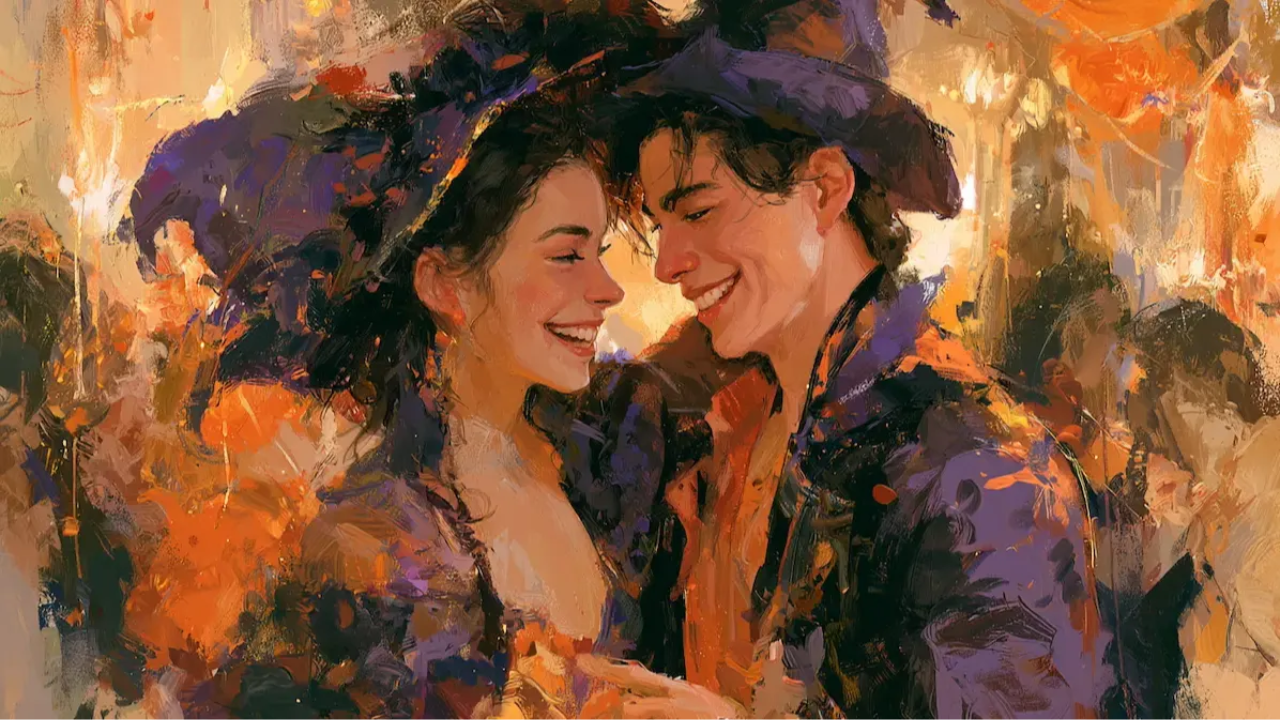 Two people in costumes dancing and laughing