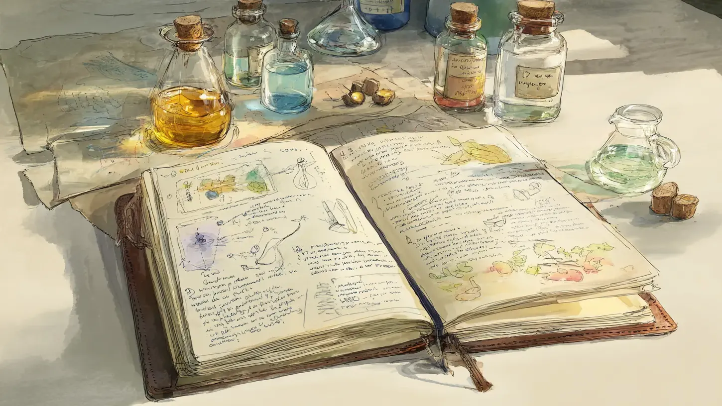 A book on the table with jars around it