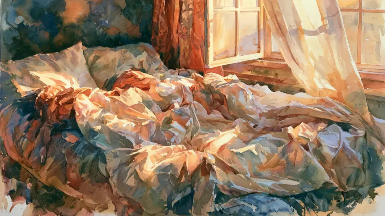 a rumpled bed in warm light