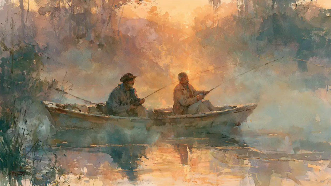 Two people fishing from a small boat