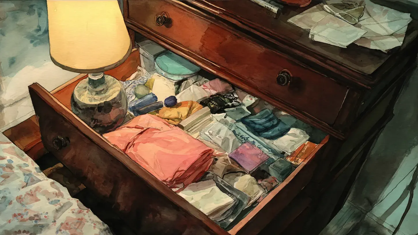 night stand with open drawer, peeking into personal things