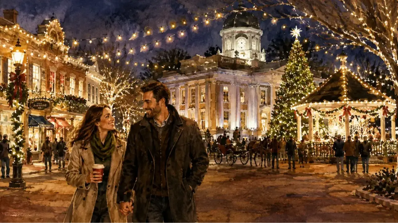 couple walking in downtown Canton Square MS with christmas lights up