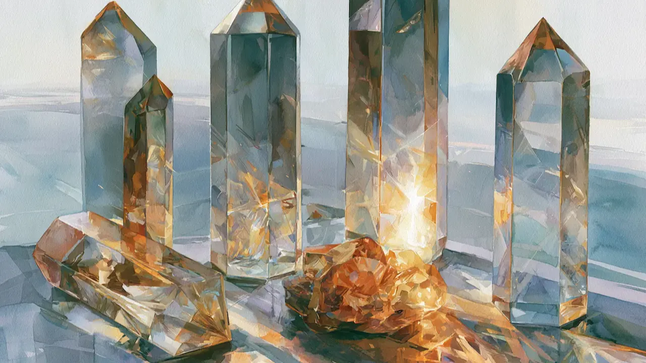 translucent crystal oblisks reflecting sunlighn