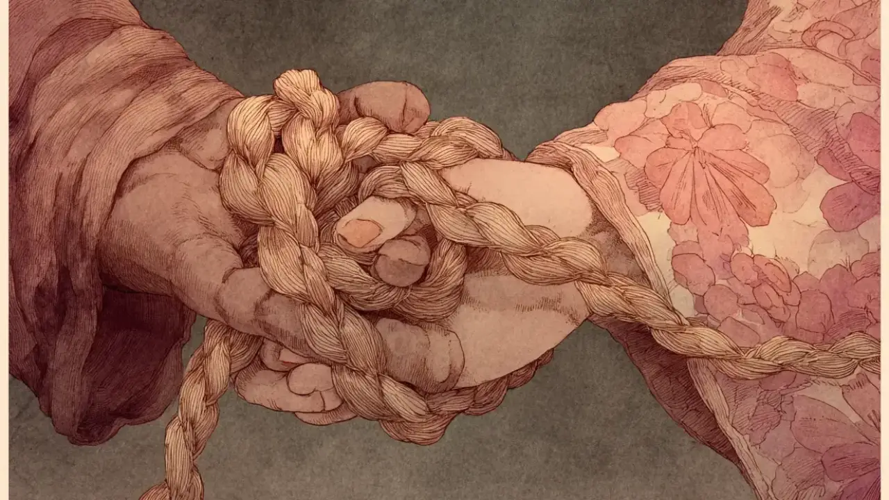 two hands tied with rope