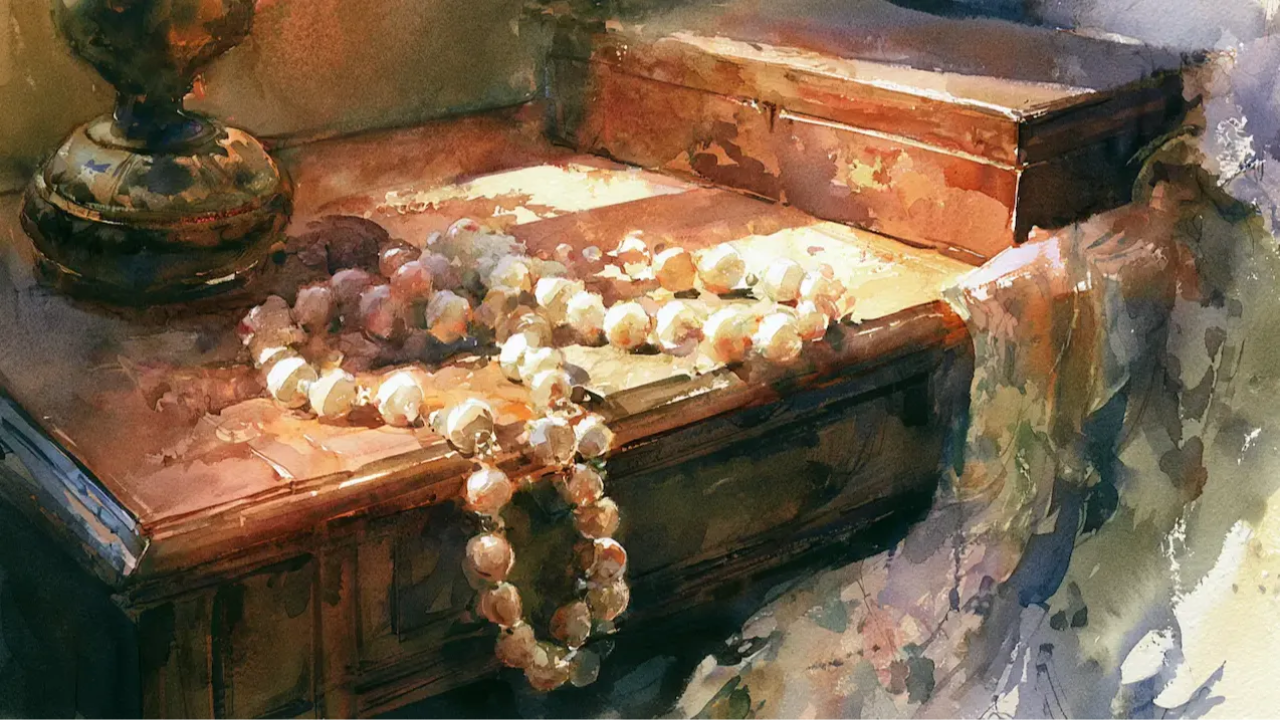 pearls on a nightstand