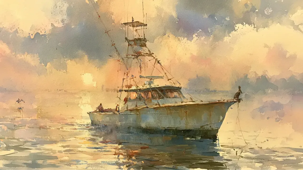 A charter boat on the water at golden hour
