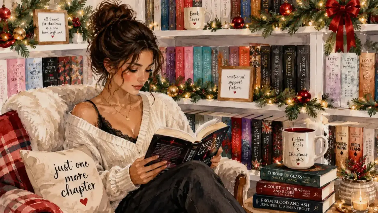 Girl curled up in her personal booktok library decorated for christmas