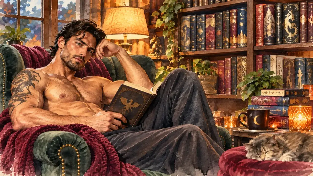 handsome man reading next to a bookcase with a cat on the footstool