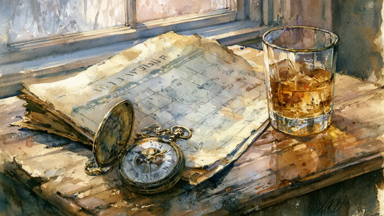 A calendar, a watch and a glass of whiskey