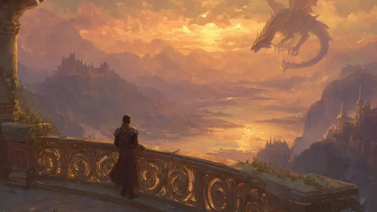 man at balcony at golden hour looking at a dragon inflight