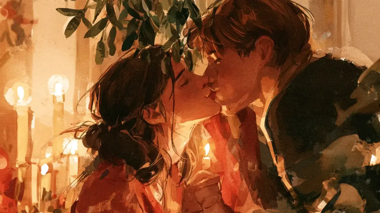 Couple kissing under the mistletoe