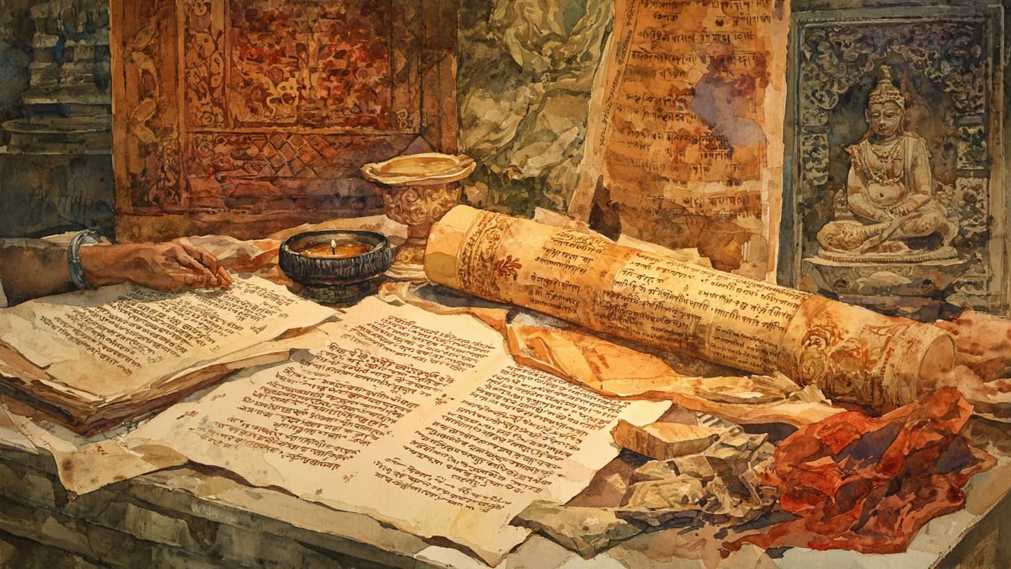 Scrolls on table with small staue