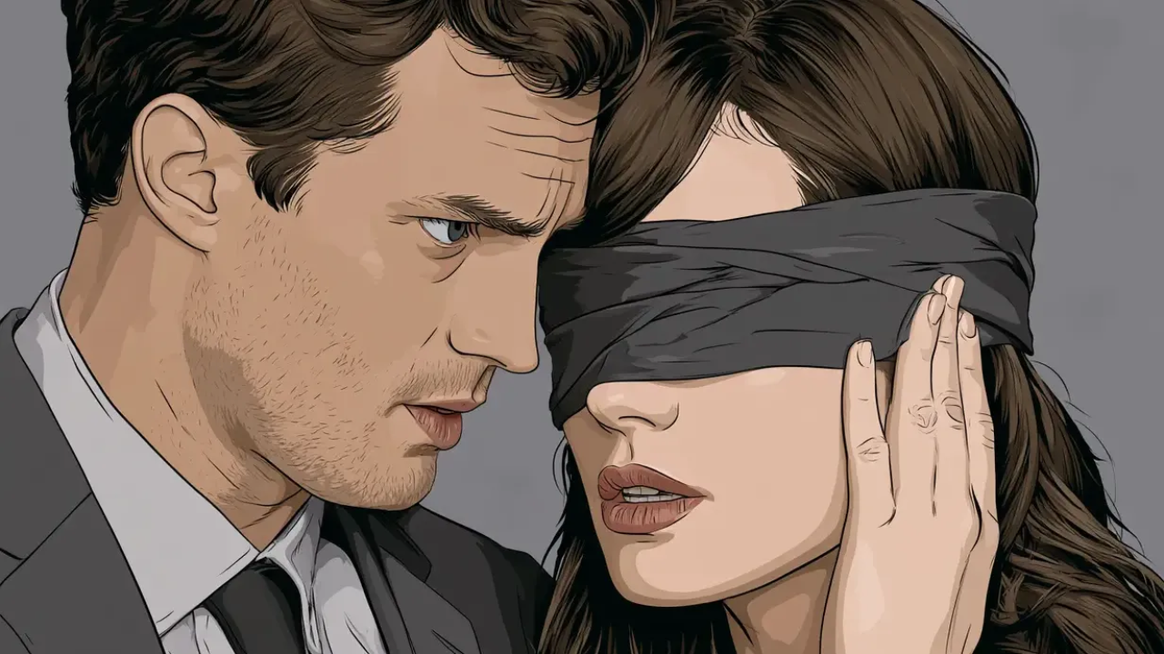 Man and a woman with heads close together and she is wearing a blindfold
