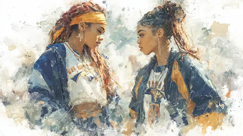 Two girls in team out fits looking at eachother