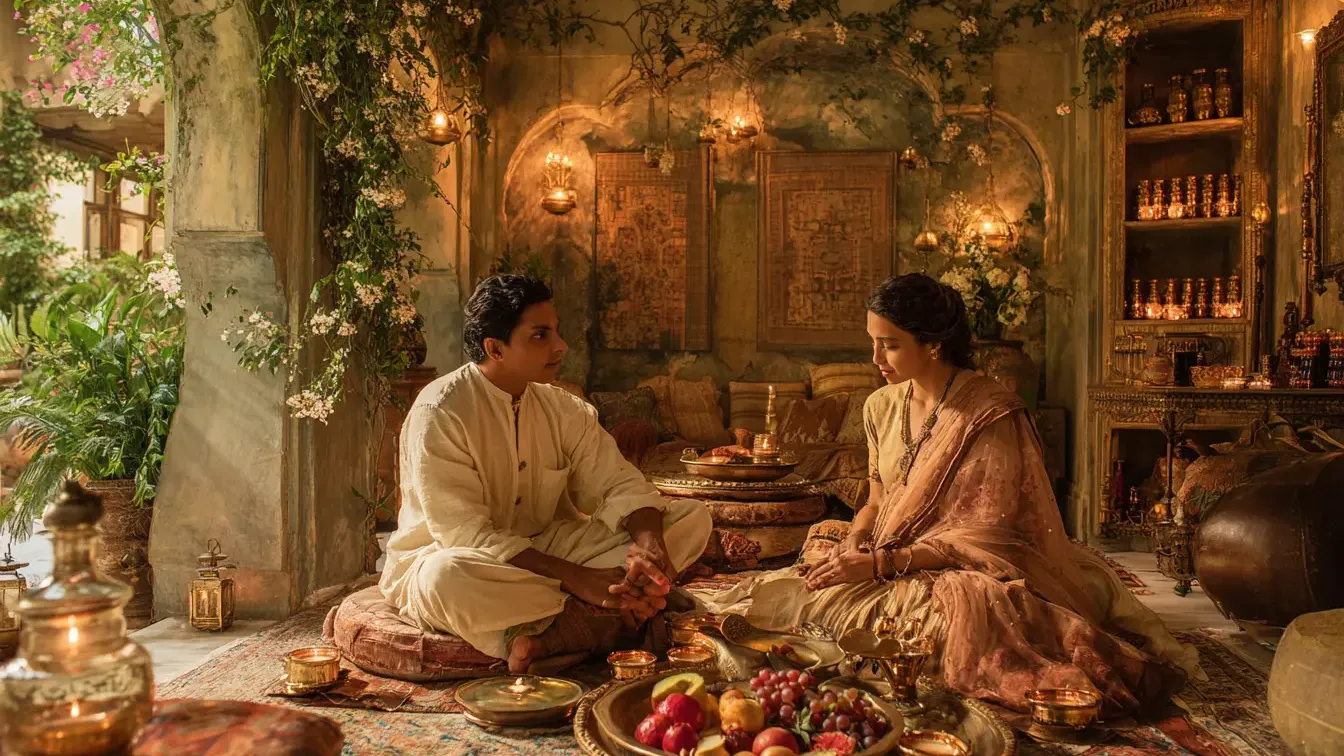 an indian couple sitting on the floor enjoying fruit