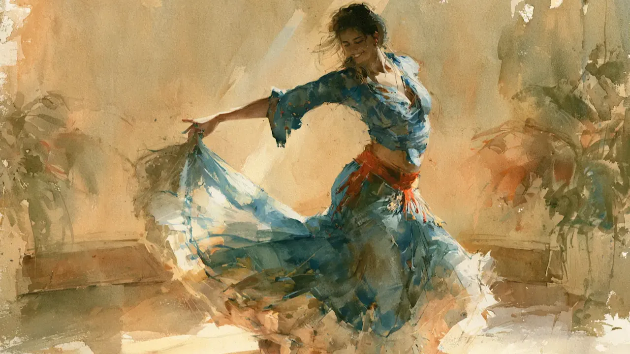 Girl in blue dress dancing Flamenco
