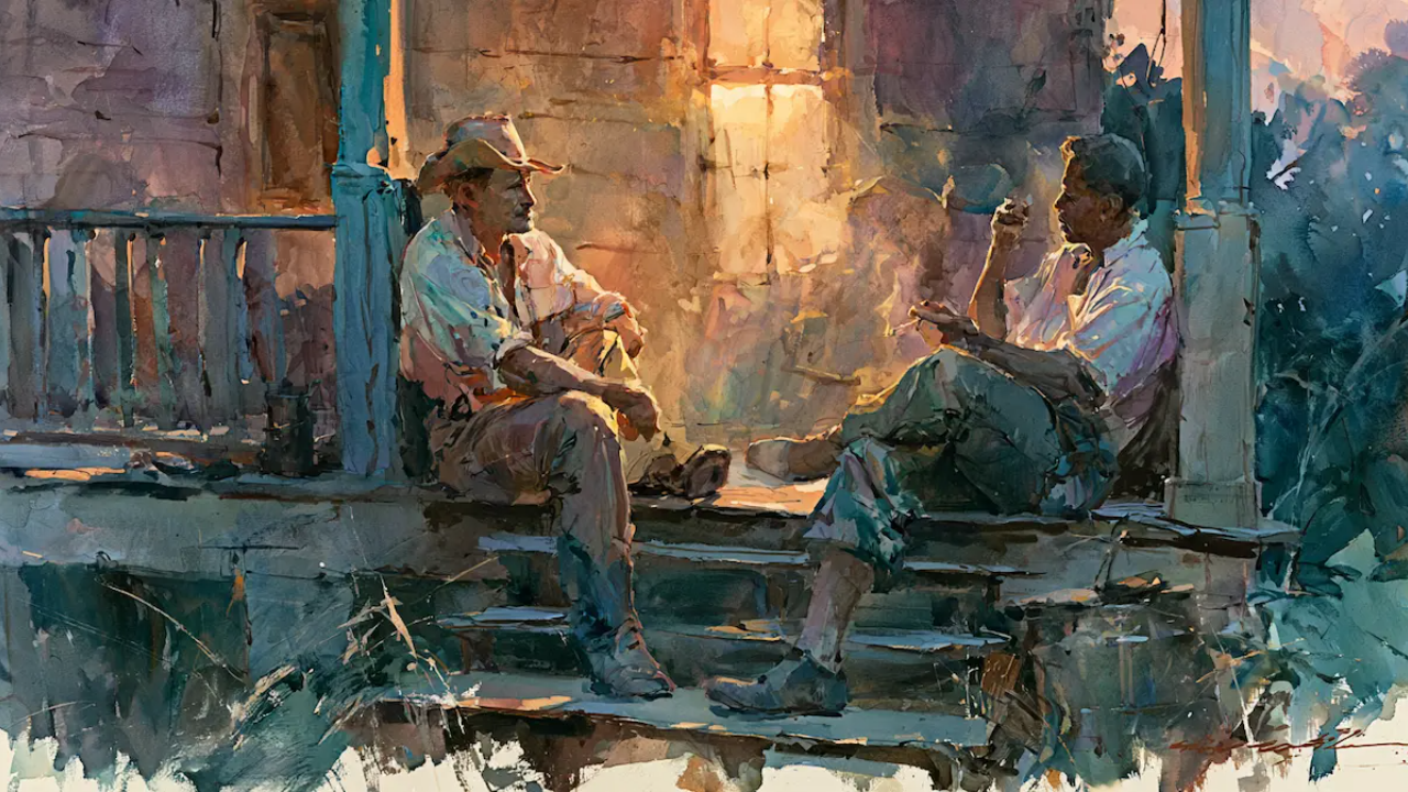 Two men on a front porch at golden hour