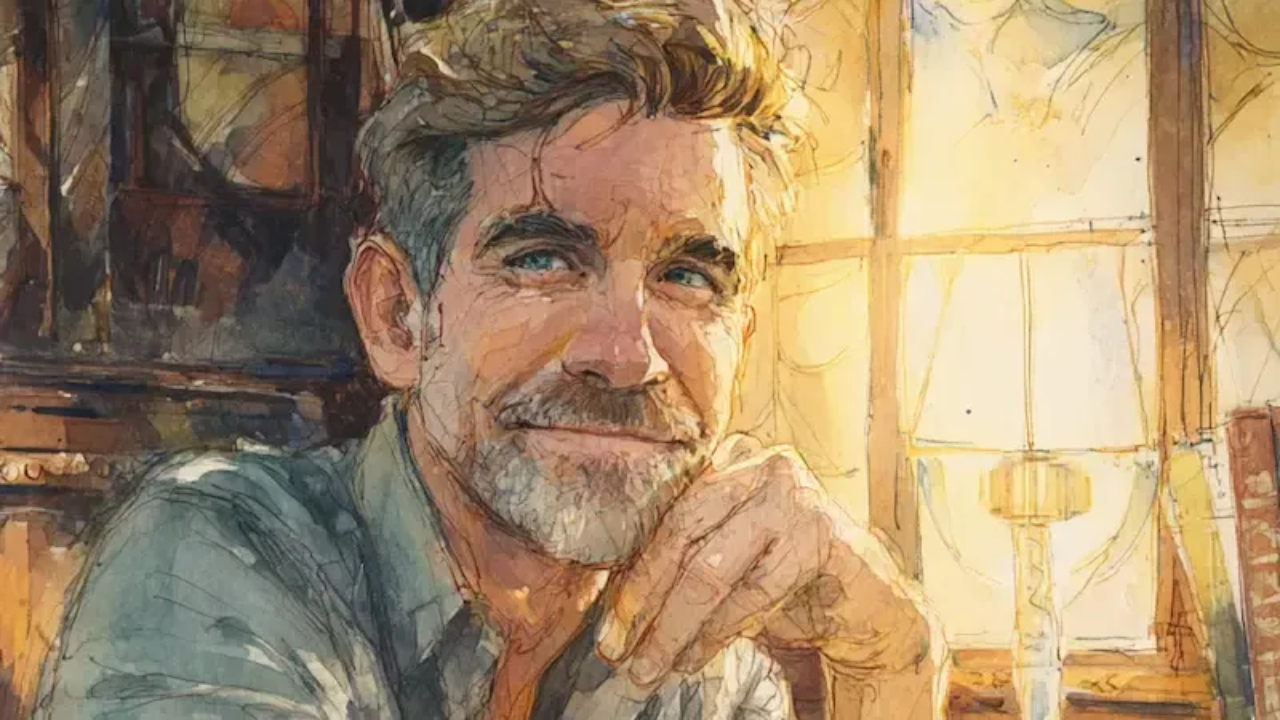 Watercolor illustration of a handsome man smiling