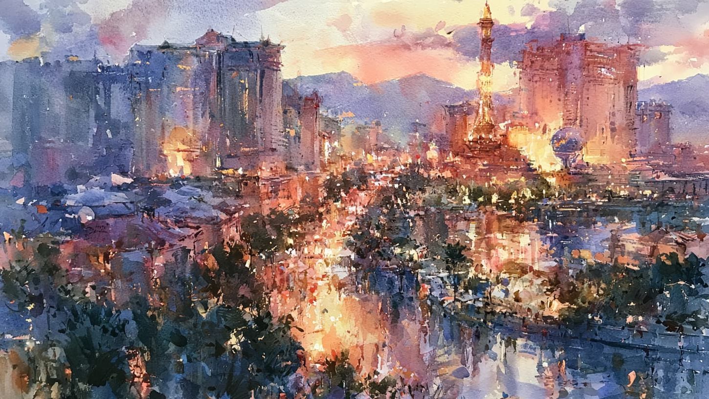 las vegas strip in watercolor