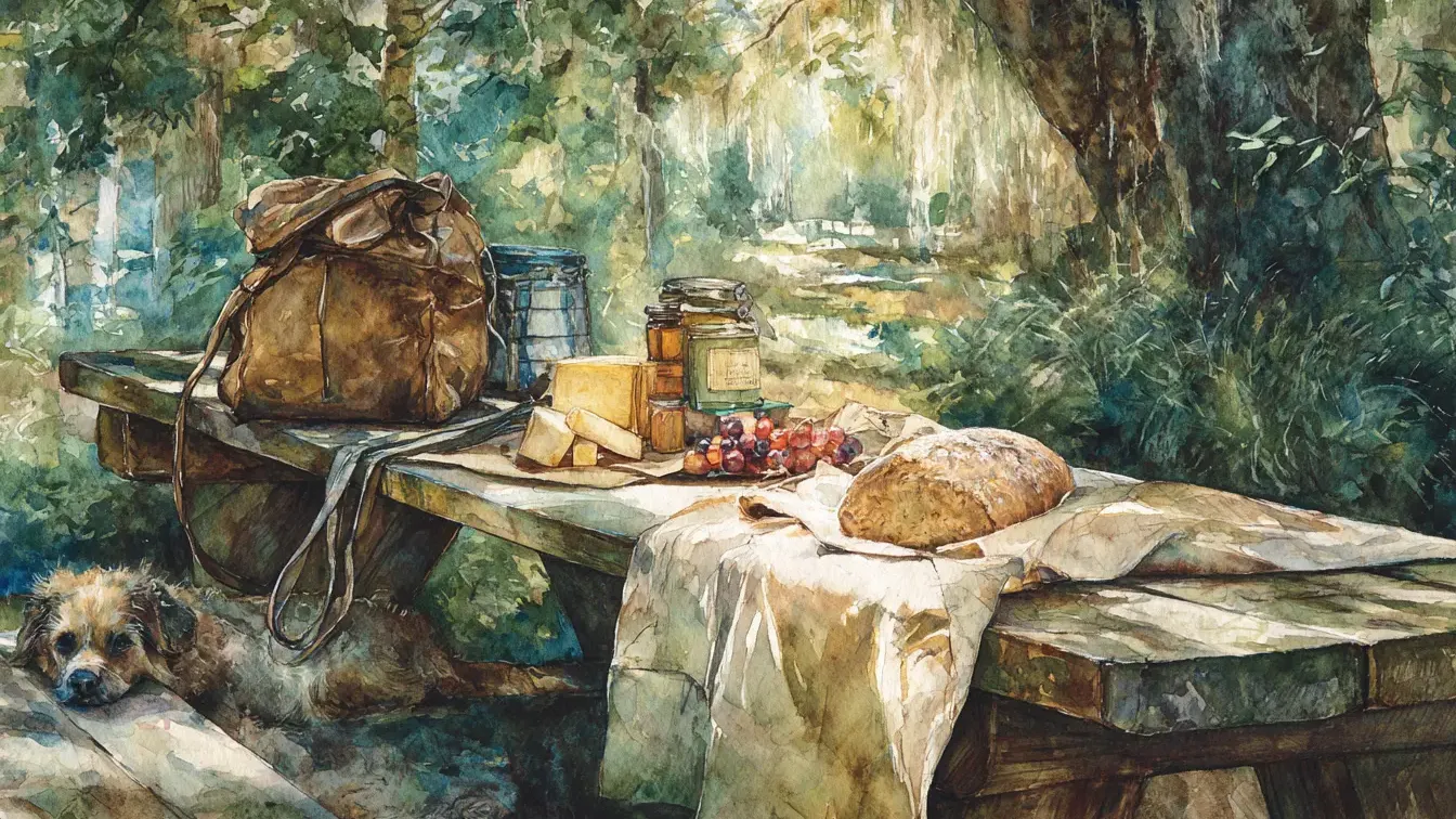 picnic table with dog peeking from underneath
