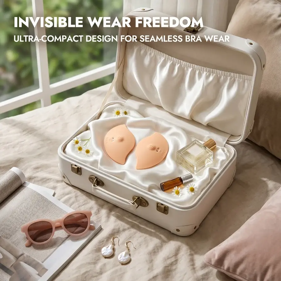 Compact skin-toned app-controlled nipple vibrators resting in an open vintage suitcase with flowers and perfume