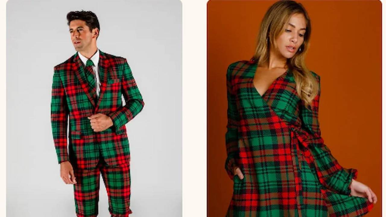 Couple in matching plaid outfits