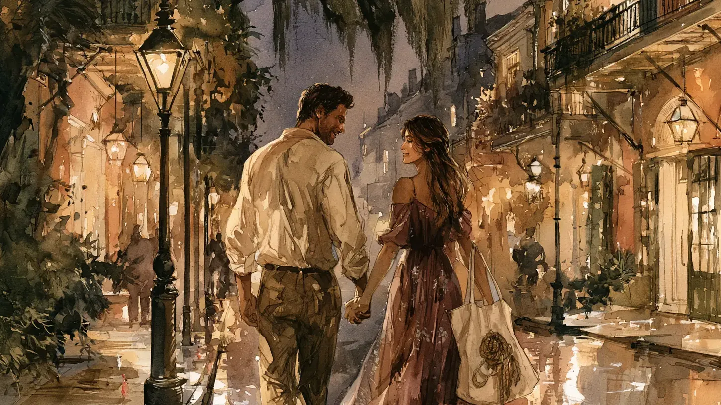 Couple walking in New Orleans with a length of rope showing in her bag