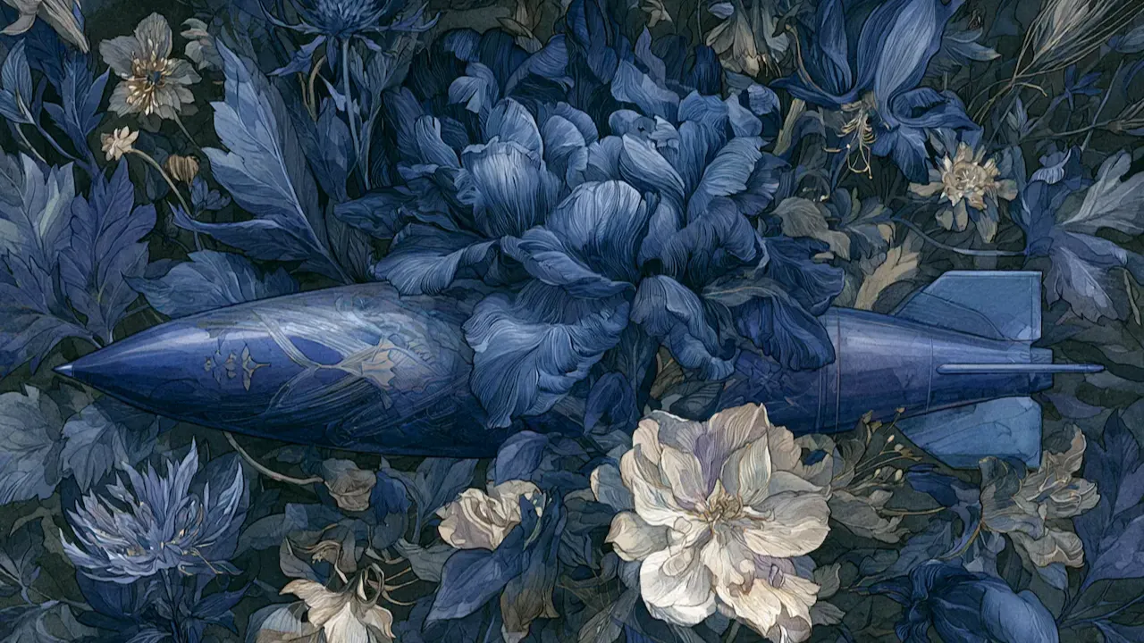 Blue torpedo shaped masturbator among flowers