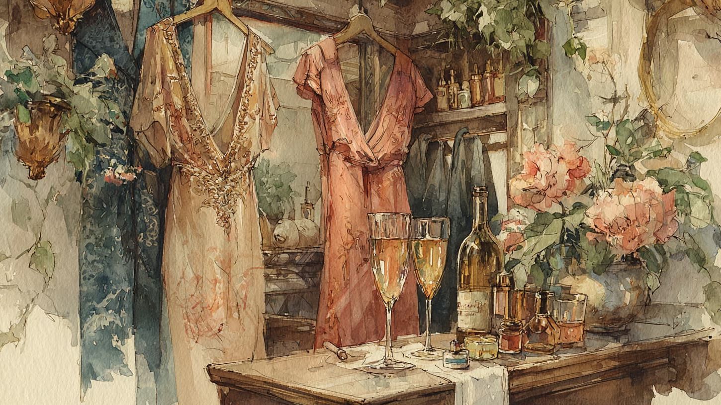 Cordinating bachelorett outfits in a dressing room with champagne
