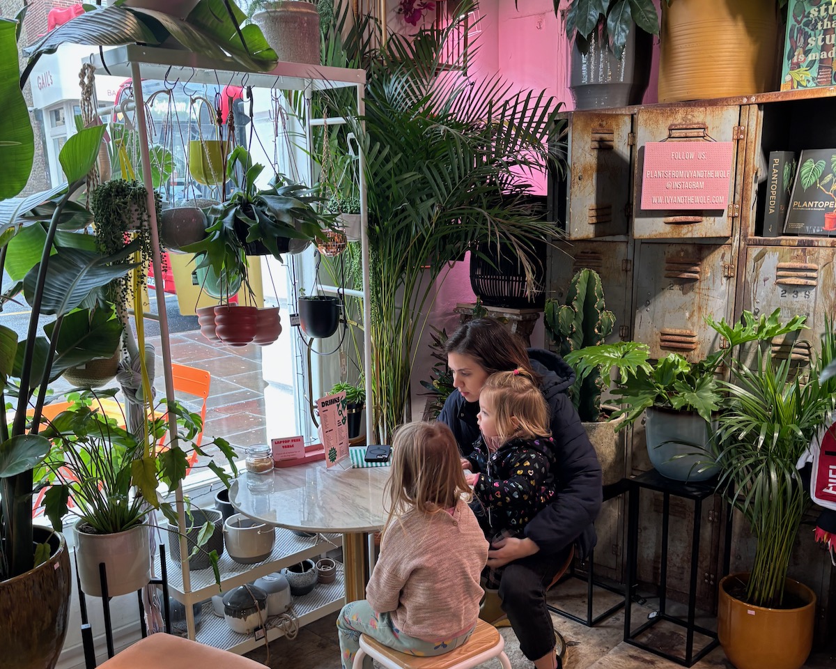 Amy with her daughters in a plant shop, work-life balance for female founders