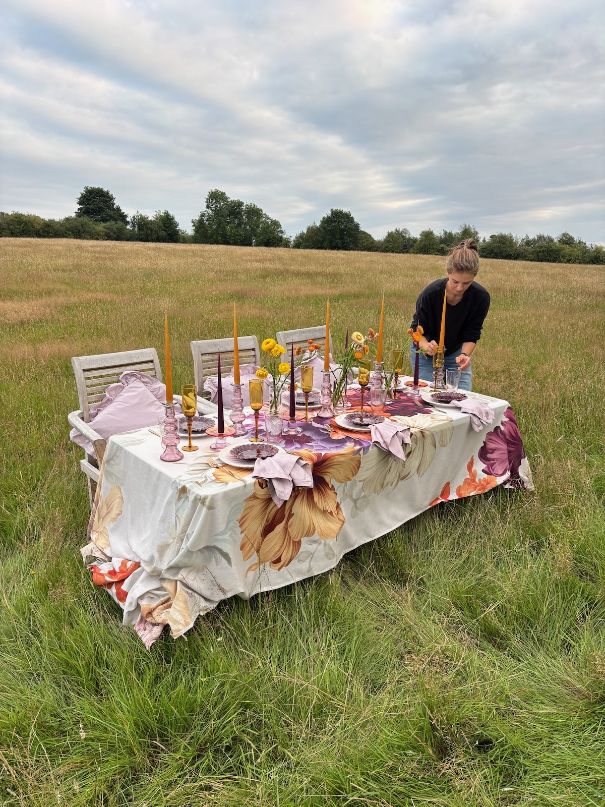 Colourful tablescape styled in a field, creative women in business
