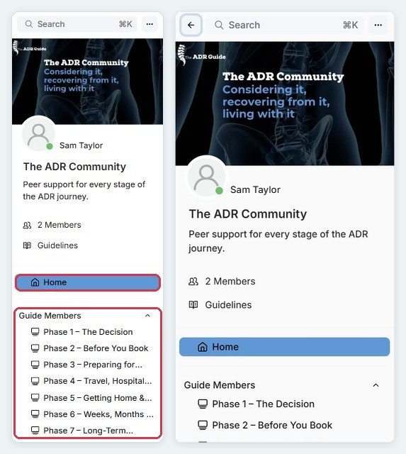 The Community menu on desktop and phone