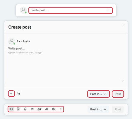 Write post box, Create post window and the + options
