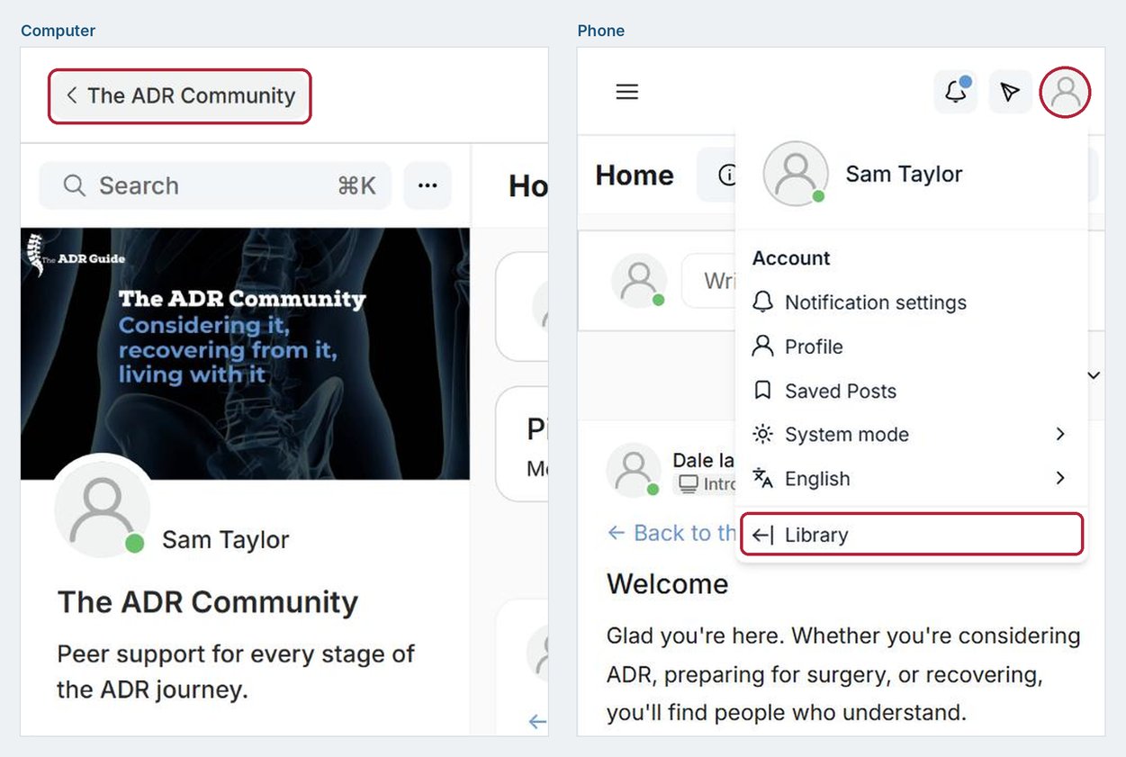 Community opened from an email: The ADR Community button (computer), grey person icon and Library (phone)