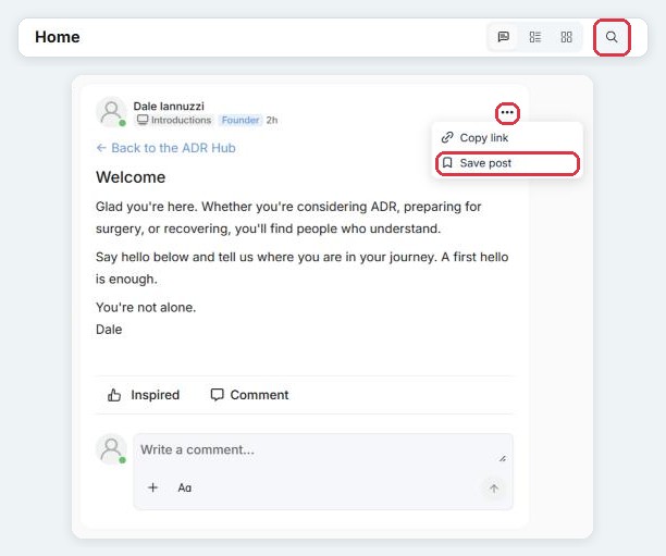 Search, and the post menu with Save post