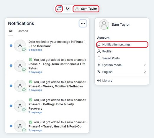 Notifications panel and the menu under your name