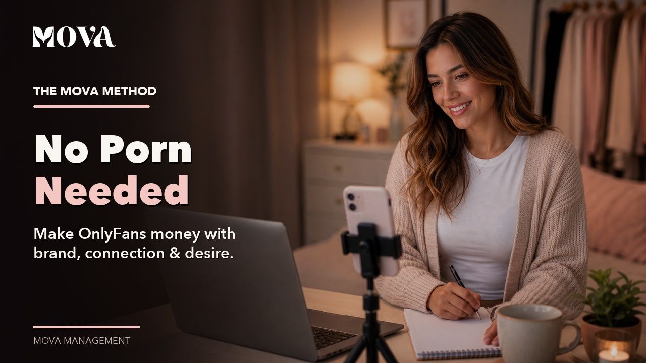 MOVA blog thumbnail showing a female creator building an OnlyFans business through brand and connection without porn
