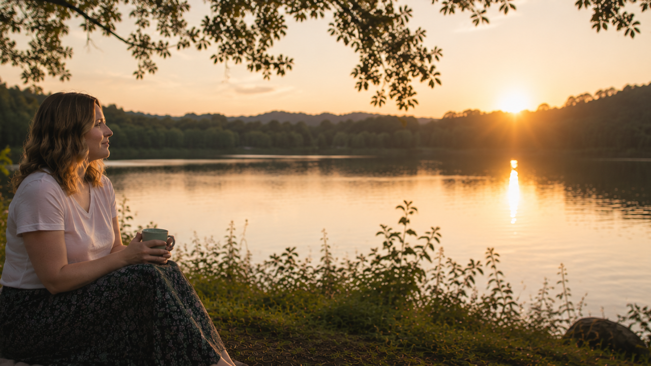 Branded photo of Robyn Lane sat drinking tea by the lake.